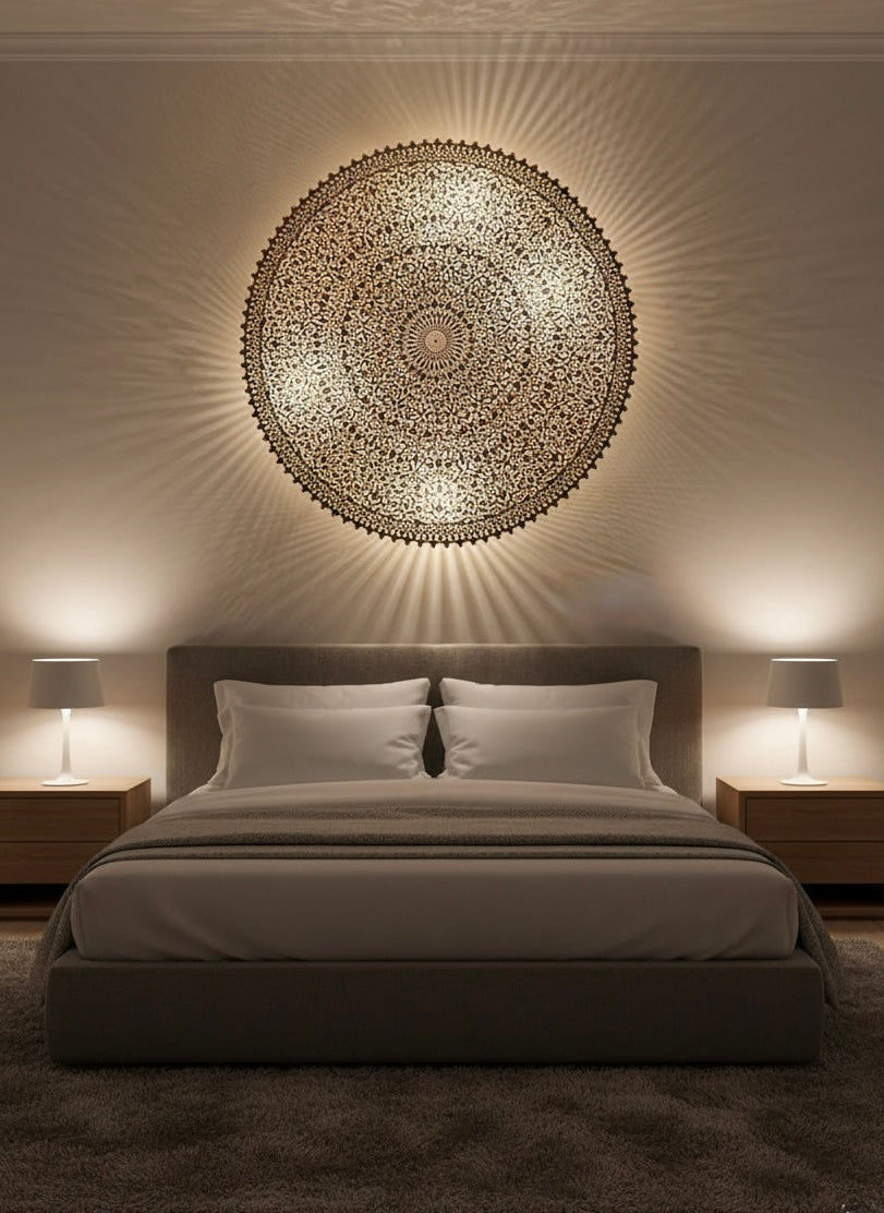 Luxury Moroccan style wall lighting installed in a modern living room interior.