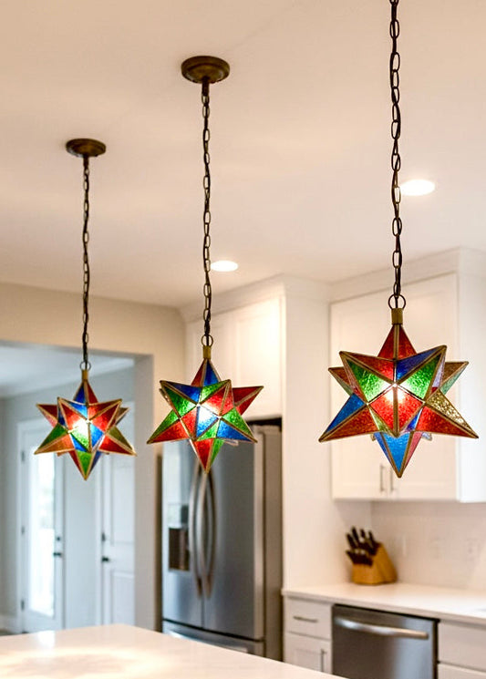 Modern Moroccan pendant lamp in gold brass, handcrafted intricate design, not laser cut.