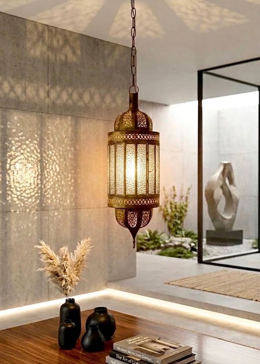 A hanging Moroccan-style brass lantern with intricate cutout patterns, illuminated with a warm glow, suspended in a modern interior setting with a wooden table and decorative vases in the foreground.