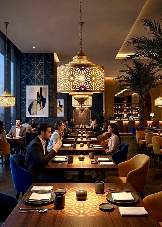 Elegant restaurant dining area illuminated by large Moroccan brass chandeliers, creating a warm luxury atmosphere.