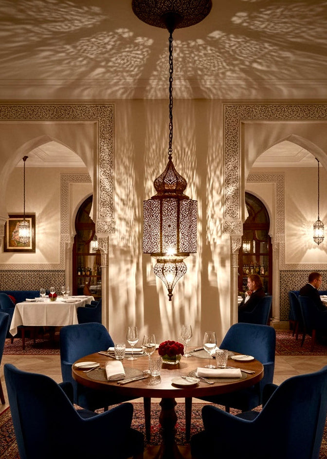 Large Moroccan brass ceiling lamp hanging above a dining table in a luxury restaurant, creating warm ambient light.