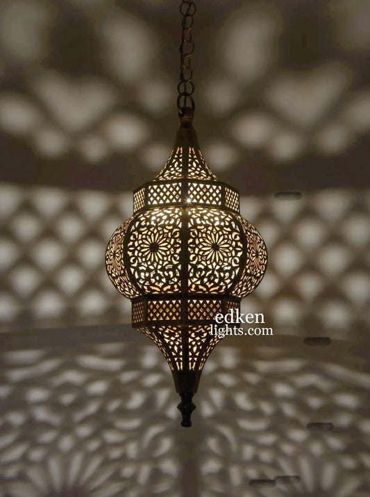 Handmade Moroccan brass ceiling lamp with intricate geometric patterns, gold finish.