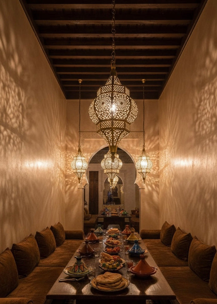 Handmade Moroccan brass ceiling lamp with intricate star-shaped geometric cutouts casting warm shadow patterns, by Edken Lights.