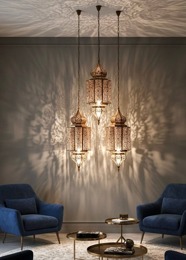 A Moroccan ceiling lamp lit at night, displaying mesmerizing exotic shadow art across the walls and ceiling.