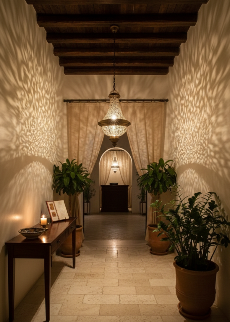 Authentic Moroccan brass chandelier hanging with antique gold finish.