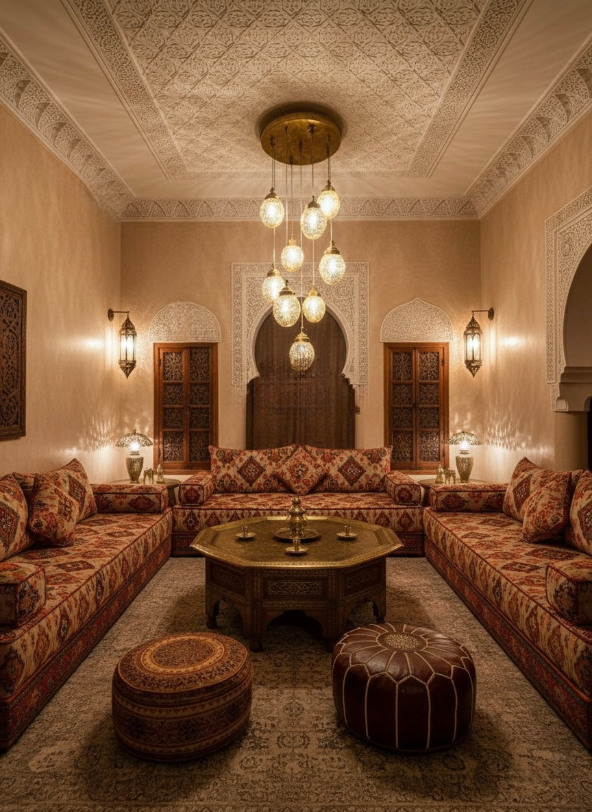 Handmade Moroccan brass cluster chandelier with 10 hanging pendant lamps casting warm shadows.