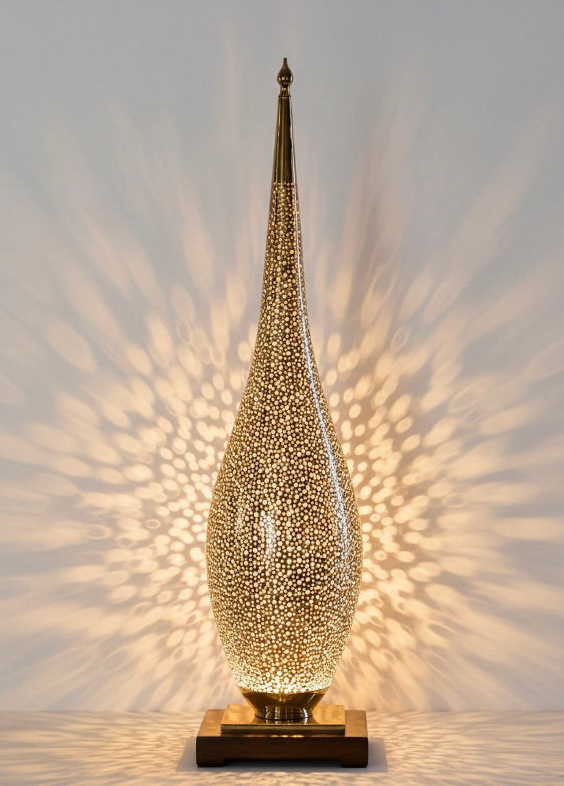 Large handmade Moroccan brass floor lamp in antique gold finish with intricate hand-pierced patterns.