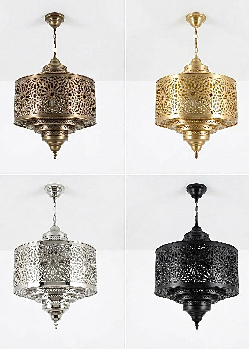 Four different finishes of the same Moroccan handmade lamp: antique brass, gold brass, silver chrome, and matte black.