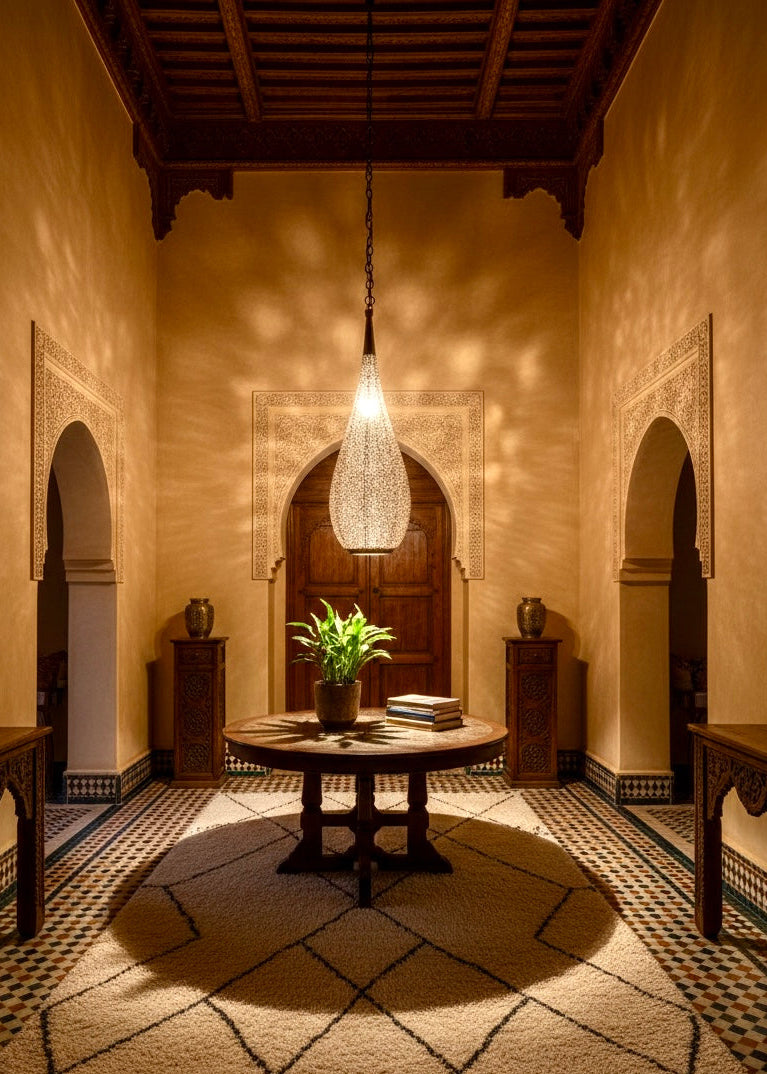 Close-up of 100% solid brass Moroccan lamp showing intricate hand-pierced craftsmanship.