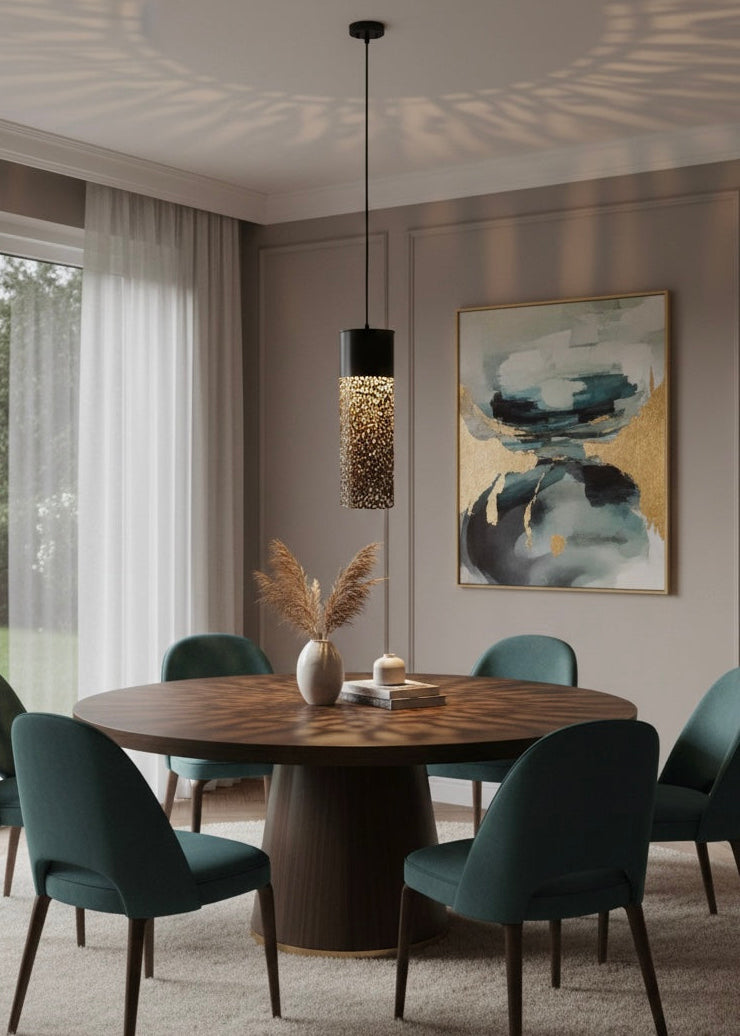 Modern living room styled with a Moroccan brass pendant light to create a warm Mediterranean atmosphere.