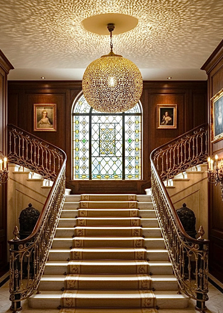 Collection of Moroccan brass pendant lights in gold, silver, black, and antique finishes.