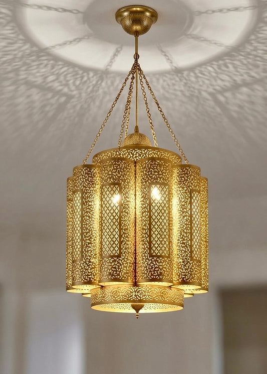 Illuminated handmade Moroccan brass pendant lamp casting dramatic geometric shadow designs on a white ceiling, authentic arabesque brass lighting fixture.
