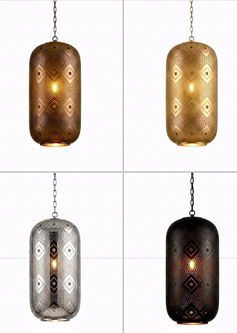 Four finish variations of the Moroccan handmade brass pendant light including antique brass, gold, polished silver, and matte black.⁠