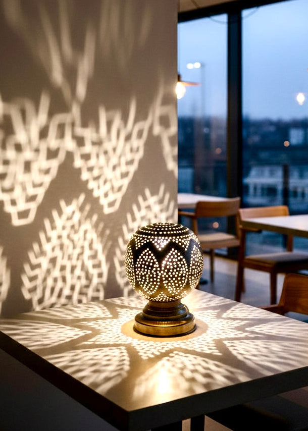 Spherical Moroccan brass lamps on restaurant tables providing exotic, warm ambient lighting for a luxury dining experience.