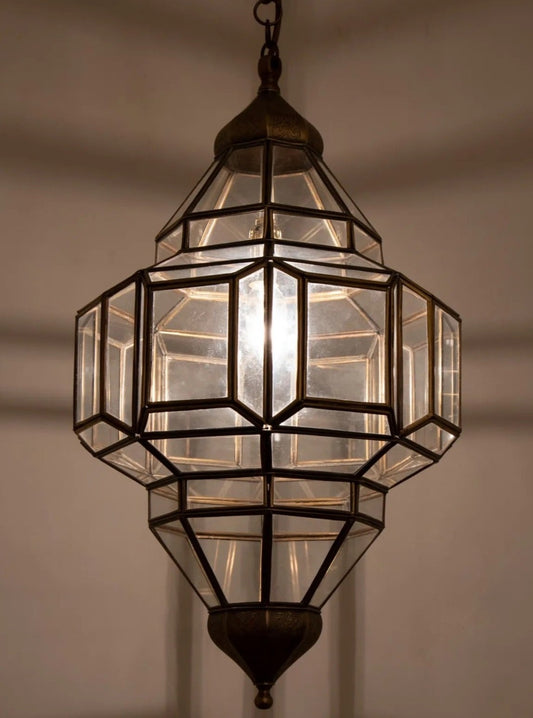 Handcrafted Moroccan ceiling glass lamp made of authentic brass with geometric patterns.