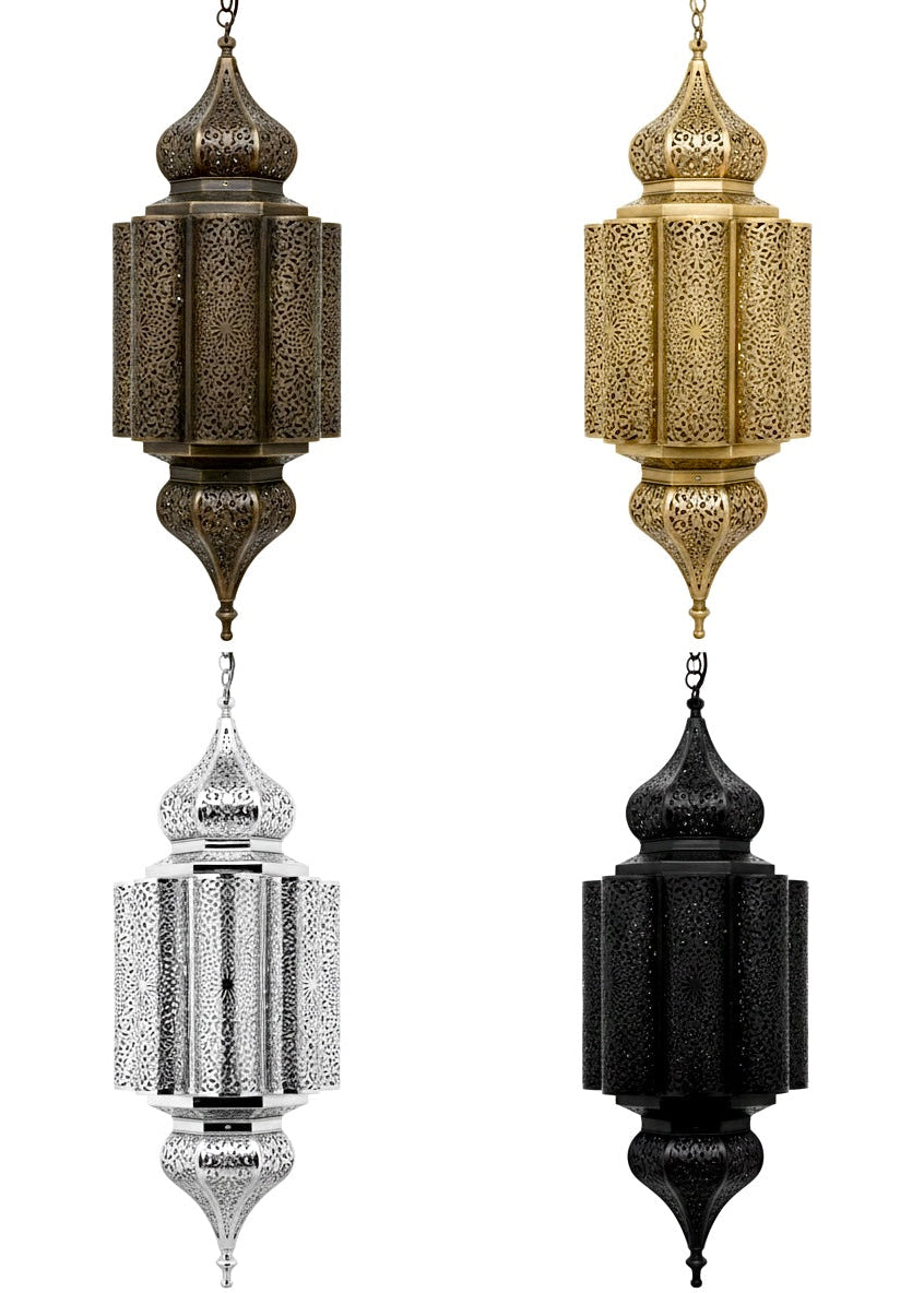 Collection of Moroccan ceiling lamps in different finishes: vintage brass, polished silver, and matte black, antique brass