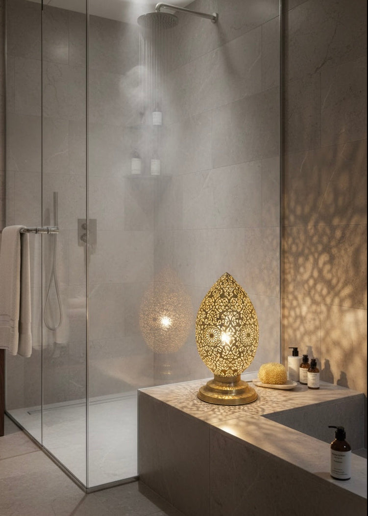 Handmade Moroccan Brass Table Lamp - Egg Shaped Filigree Night Light - Ref.1792