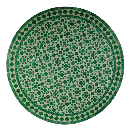 Moroccan green mosaic round table with traditional Zellige patterns, handmade in Morocco.