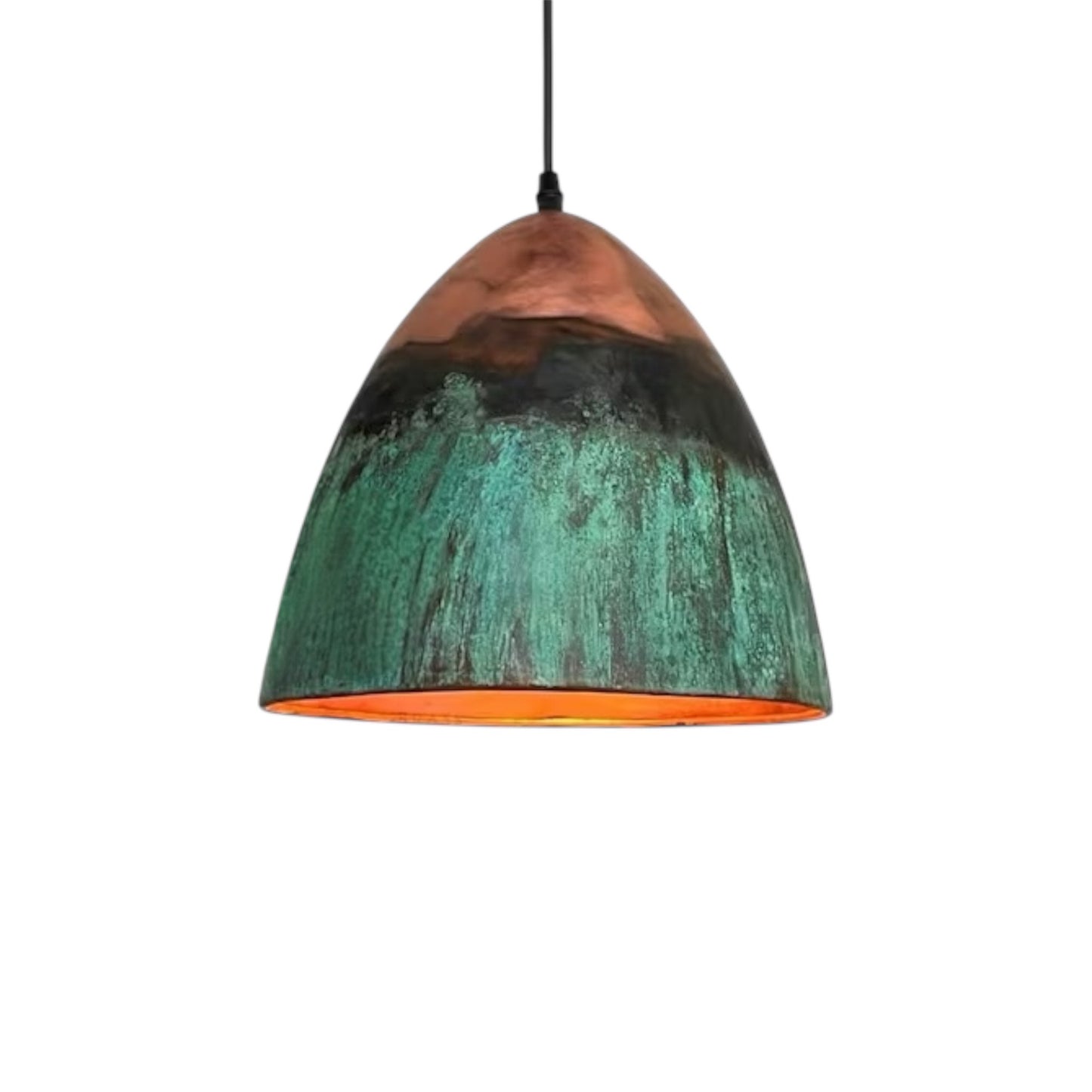 Handmade Moroccan dome pendant light in green patina and copper red finish, modern ceiling hanging lamp for kitchen island and dining room.
