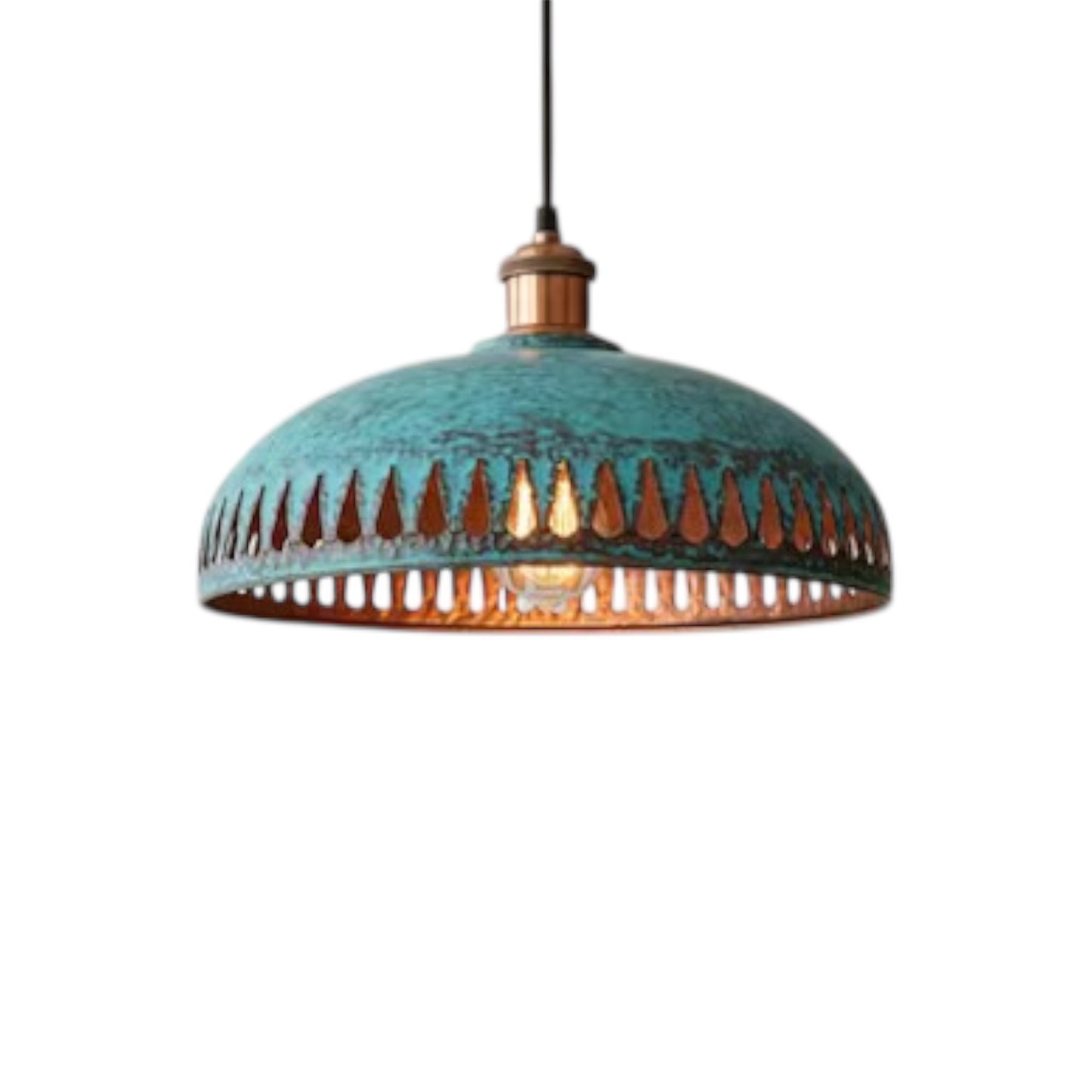 Isolated shot of a Modern copper dome light with a Moroccan patina green finish.