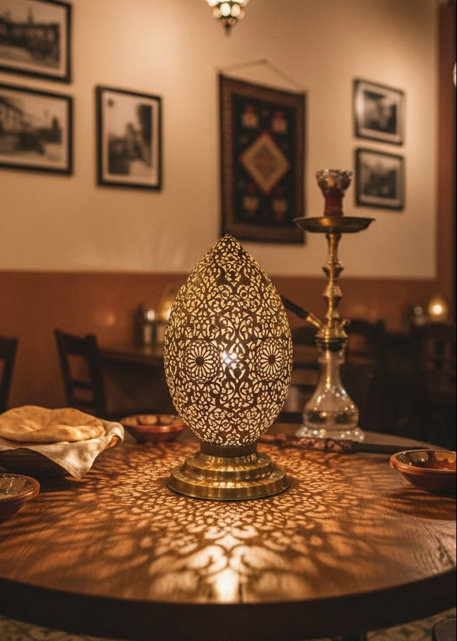 Handmade Moroccan Brass Table Lamp - Egg Shaped Filigree Night Light - Ref.1792