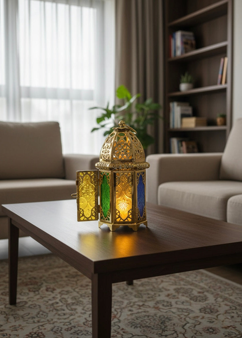 Open side door of a Moroccan lantern showing the interior candle holder and green glass panel.