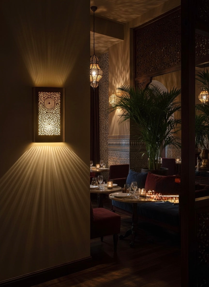 Elegant Moroccan restaurant interior featuring a brass wall sconce and hanging lanterns casting intricate shadows on zellige tile walls.