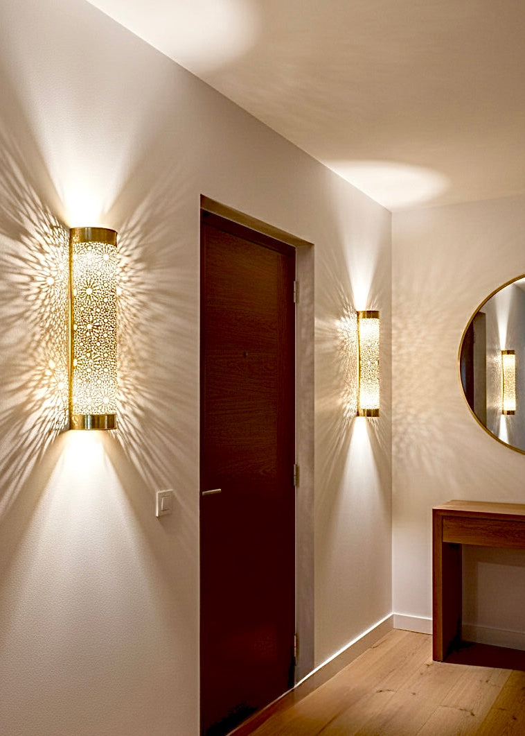 Decorative hand-engraved brass wall lamp, Moroccan gold finish.