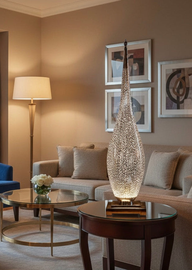 Elegant Moroccan table lamp crafted from silver brass featuring traditional Moorish engravings.