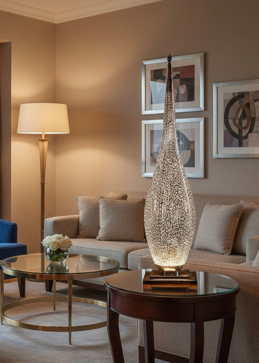 Elegant Moroccan table lamp crafted from silver brass featuring traditional Moorish engravings.