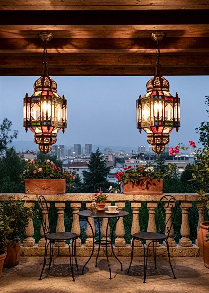 Two Moroccan brass and stained glass lanterns hanging on a terrace overlooking a city skyline.