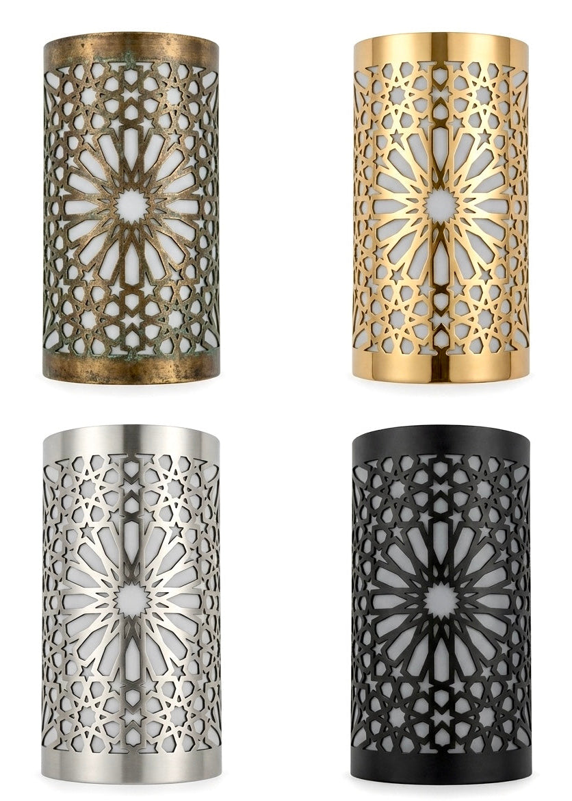 Four different finishes of Moroccan wall sconces: Antique Brass, Polished Gold, Silver, and Matte Black.