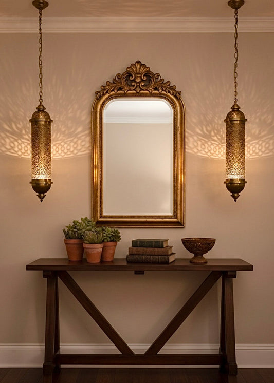 Oriental brass hanging lamp used for warm ambient lighting in a modern bedroom or hallway decor.