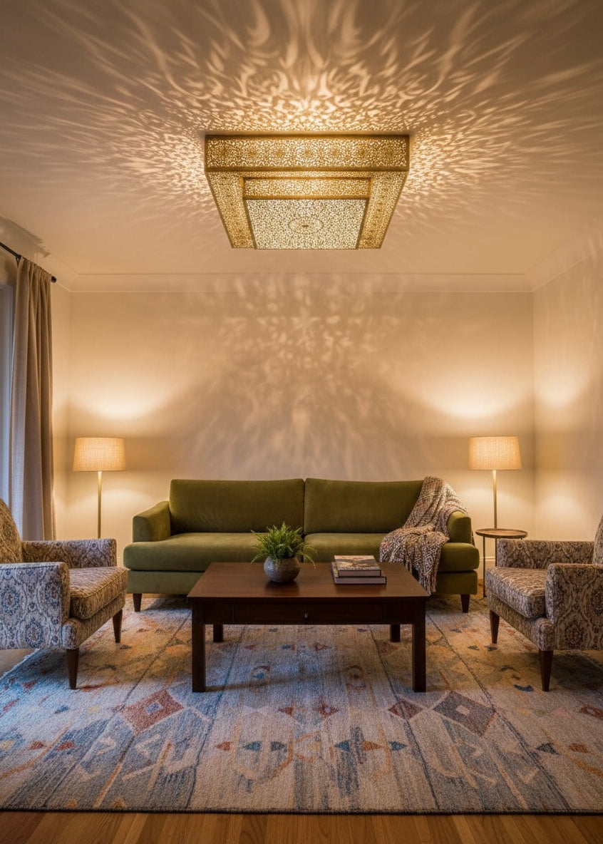 Warm ambient lighting from a traditional Moroccan gold brass lamp.