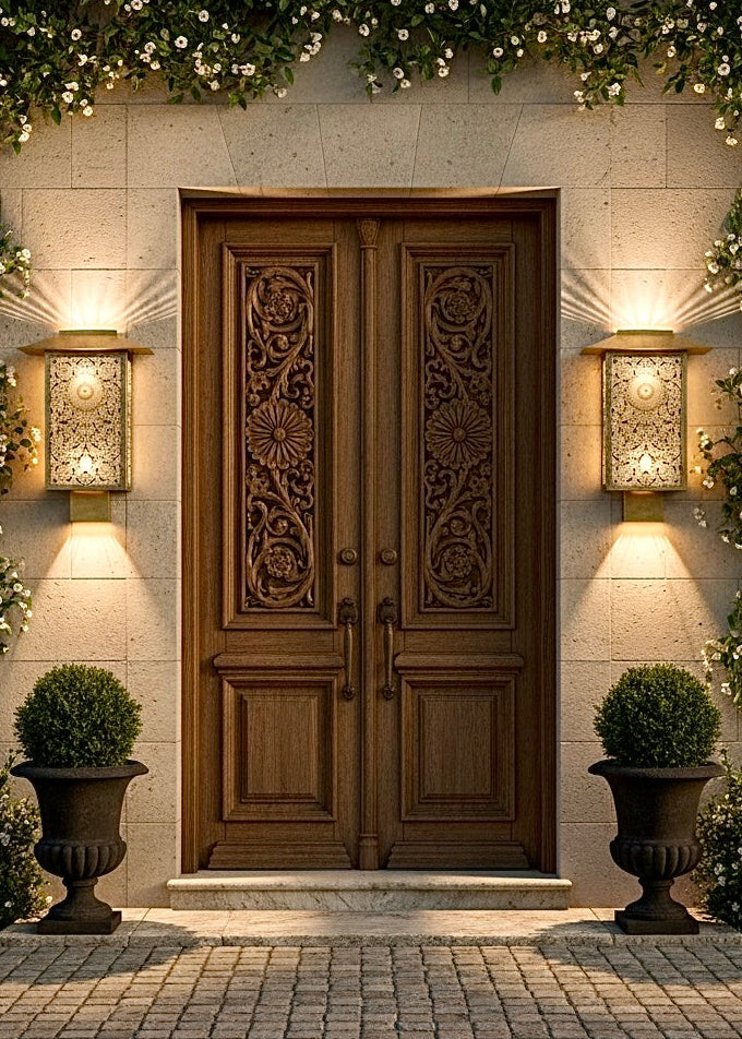 Pair of traditional Moroccan brass wall lanterns installed at a luxury wooden entrance door.