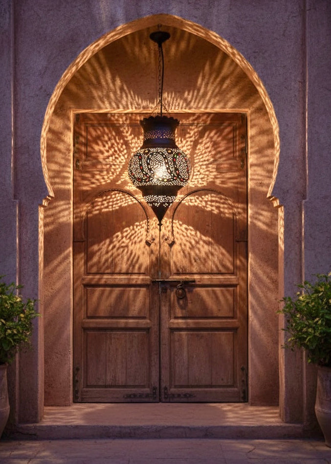 Large authentic Moroccan brass lantern for outdoor use, installed in a traditional stone archway creating a warm, patterned glow at night.