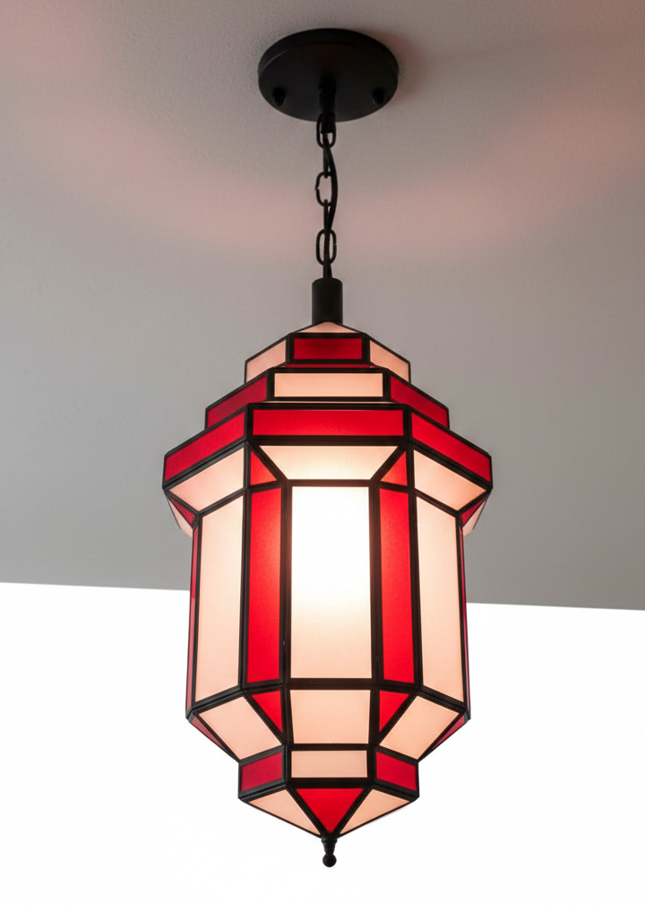 Stained glass Moroccan lanterns hanging from a black pergola in a contemporary outdoor lounge, weather-resistant luxury decor.