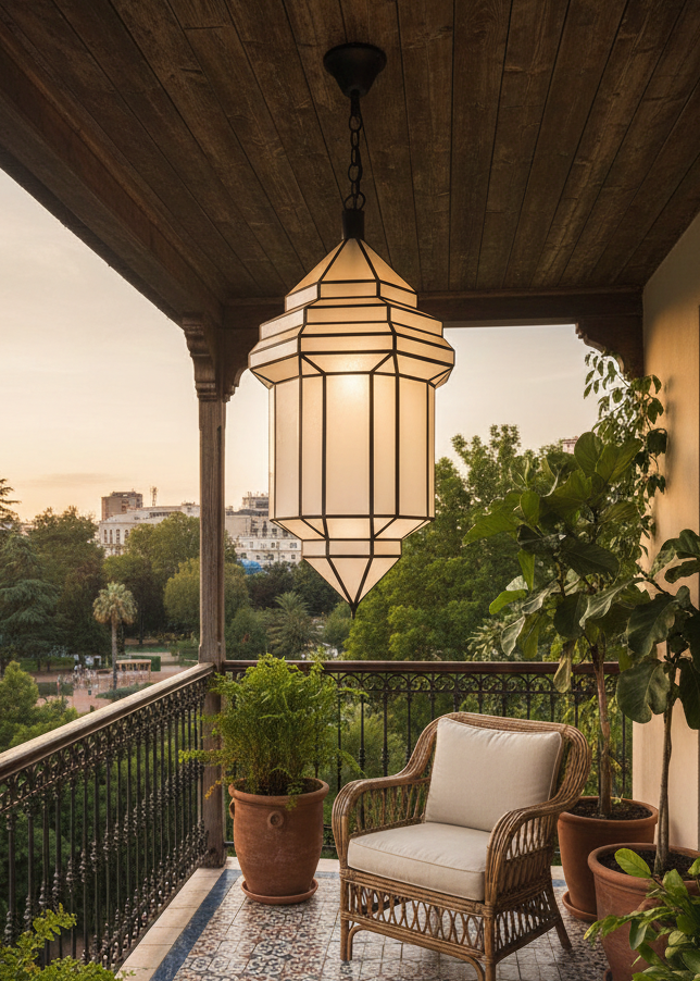 Moroccan handcrafted glass lamp with brass frame hanging on a cozy balcony at sunset with city views.