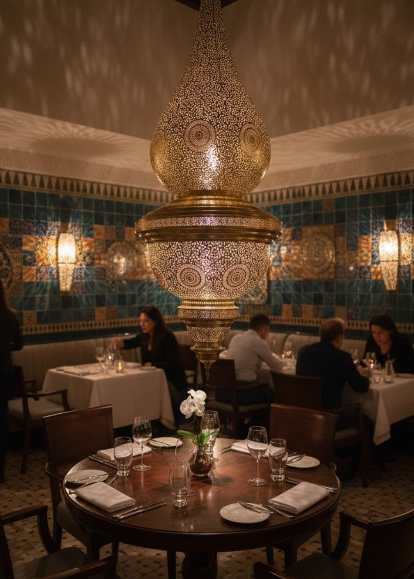 Oversized oriental brass lamp for hotel lobby or luxury home decoration.