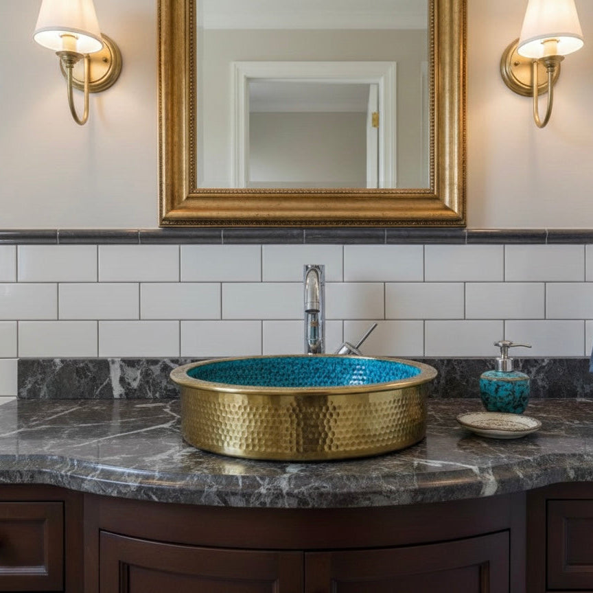 Artisanal Round Brass Vessel Sink: Gold Hammered Finish with Natural Patina - Ref. 1802