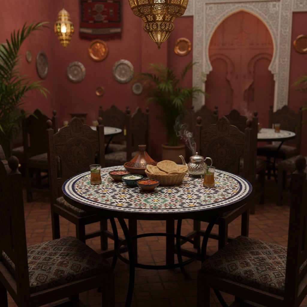 Durable wrought iron base with a heavy round mosaic tile tabletop handcrafted in Morocco.