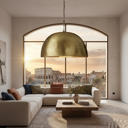 Mid-century modern brass dome light for kitchen island.