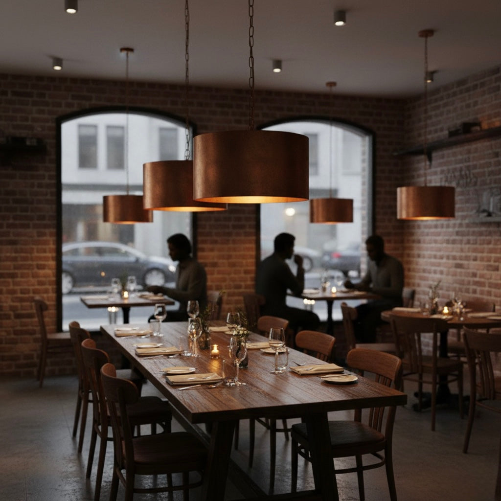 Vintage style copper drum pendant lighting for home decor.