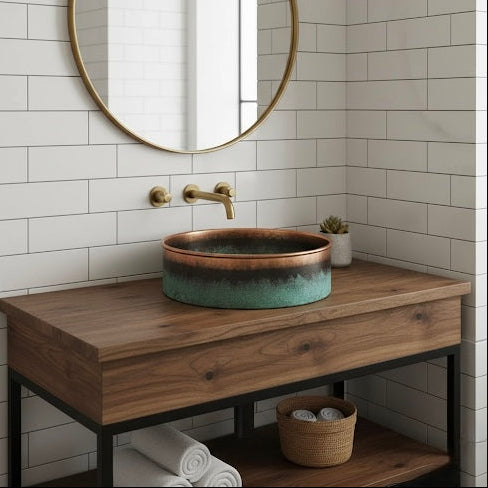 Copper Vessel Sink with Green Patina Finish - Round Bathroom Basin - Ref. 1801