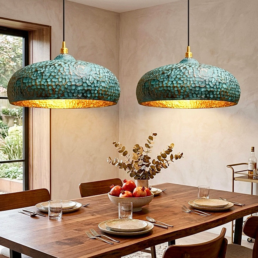 Rustic patina brass dome lighting fixture, vintage farmhouse style handcrafted in Morocco.