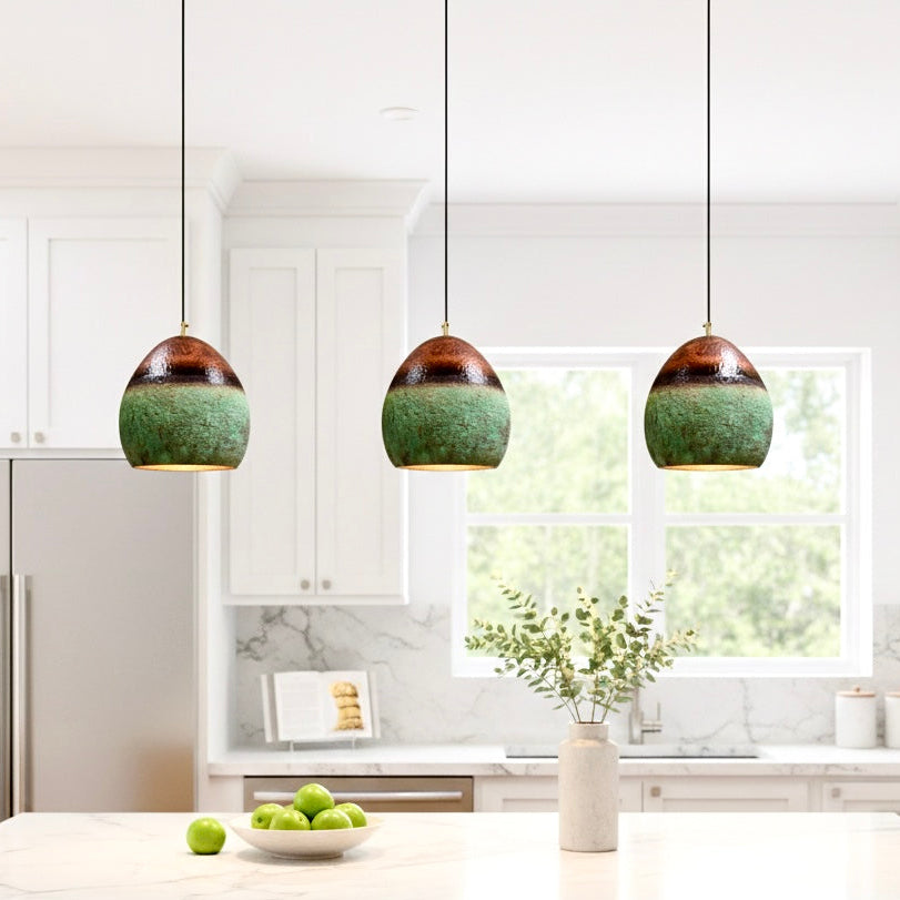 Rustic green hammered copper lamp for kitchen island lighting