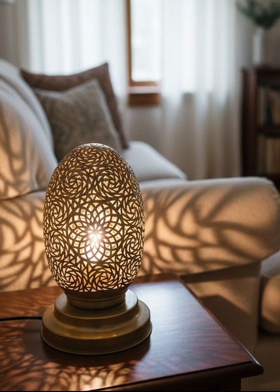Handmade Moroccan Brass Egg Lamp – Filigree Brass Table Lamp for Ambient Lighting- Ref.1782