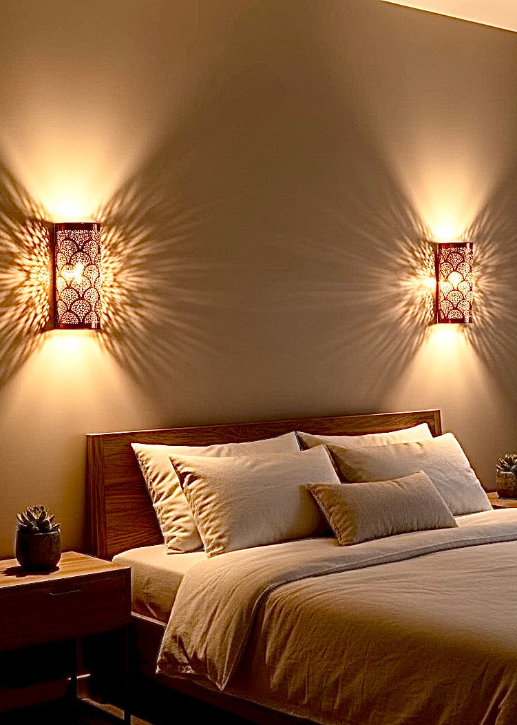 Silver-plated brass wall lamp, hand-etched by skilled Moroccan craftsmen for a luxury look.