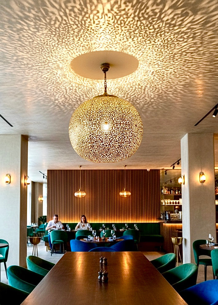 Silver-plated brass Moroccan hanging light handcrafted by skilled Moroccan artisans.