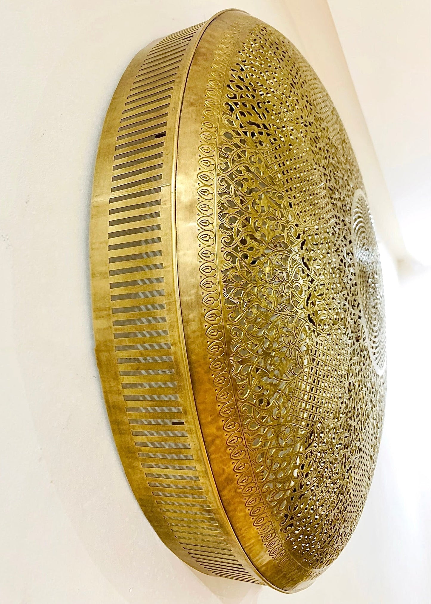 High-quality 100% solid brass flush mount light fixture, handcrafted by Moroccan artisans, durable and elegant gold metal lighting for luxury homes.